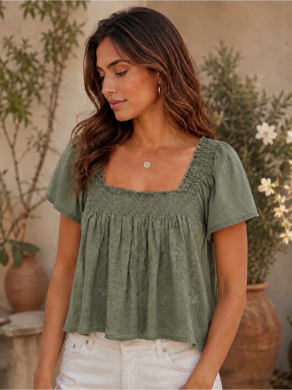 Madewell NWOT Olive Green Smocked Square-Neck Peasant Top